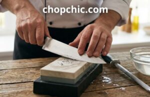 Caring for Specialty Blades: Serrated Knife Sharpening and Cleaver Maintenance _A split-view demonstration showing a heavy meat cleaver being honed on a sturdy steel rod alongside a serrated bread knife being sharpened with a tapered ceramic rod, illustrating the different tools required for each blade type.