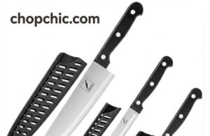 COKUMA Knife Set: Unpacking the Value of a 3-Piece Kitchen Workhorse _The COKUMA 3-piece knife set arranged with their matching safety sheaths on a cutting board, displaying the chef, utility, and paring knives to illustrate the stainless steel blade finish and ergonomic handles.