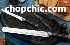 Cutluxe Carving Knife Set Review: The Solution for Brisket and BBQ _Cutluxe 12-inch slicing knife cutting through a smoked brisket, highlighting the German steel blade and Granton edge.
