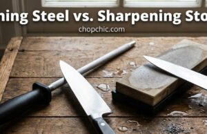 Honing Steel vs. Sharpening Stone: When to Hone and When to Sharpen _Side-by-side comparison of a chef honing a knife with a steel rod versus sharpening it with a whetstone.