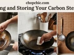 The Complete Guide to Cleaning and Storing Your Carbon Steel Wok _A carbon steel wok being cleaned with hot water and a bamboo brush, then dried on a stovetop to prevent rust and protect the seasoning.