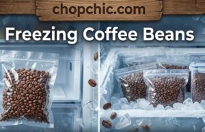 The Truth About Freezing Coffee Beans: Does it Preserve Freshness? _Vacuum-sealed individual portions of whole coffee beans stacked in a freezer drawer next to an airtight canister, illustrating the correct moisture-proof method for long-term storage.