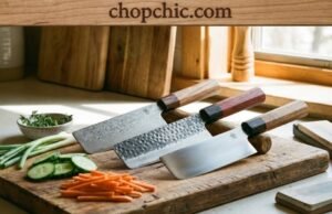 Best Nakiri Knives: Why the Japanese Vegetable Cleaver Should Be Your Next Purchase _A Japanese Nakiri knife with a rectangular blade chopping through a stack of carrots on a wooden board, demonstrating the vertical push-cut technique that ensures full contact with the surface.