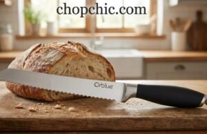 Orblue Serrated Bread Knife: Durability and Precision in a Single Sleek Design _A close-up of the Orblue one-piece stainless steel bread knife slicing through a crusty sourdough loaf, highlighting the seamless metal handle and wavy serrated edge designed to prevent squishing.