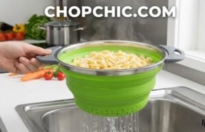 The Battle of the Drawers: Why I Swapped Metal for Silicone Collapsible Strainers _Collapsible silicone strainer folded flat next to a bulky metal colander for size comparison.