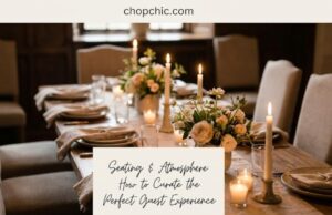 Seating & Atmosphere: How to Curate the Perfect Guest _Atmospheric dining room setting featuring thoughtful seating arrangements with place cards and warm ambient lighting for a dinner party.