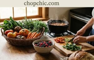 Farm to Table at Home: Sourcing and Celebrating Local Ingredients _Fresh, seasonal vegetables in a wooden crate on a kitchen counter, representing farm-to-table cooking and CSA sourcing.