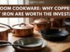 Heirloom Cookware: Why Copper and Cast Iron are Worth the Investment _Heavy copper pot and seasoned cast iron skillet displaying a rich patina, contrasted against disposable non-stick cookware.