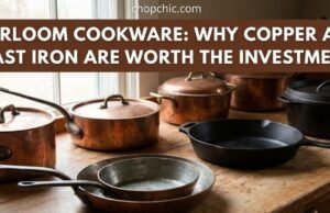 Heirloom Cookware: Why Copper and Cast Iron are Worth the Investment _Heavy copper pot and seasoned cast iron skillet displaying a rich patina, contrasted against disposable non-stick cookware.