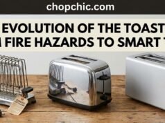 The Evolution of the Toaster: From Fire Hazards to Smart Tech _Evolution of the toaster from a vintage open-wire manual device to a modern smart toaster with a touchscreen.