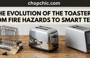 The Evolution of the Toaster: From Fire Hazards to Smart Tech _Evolution of the toaster from a vintage open-wire manual device to a modern smart toaster with a touchscreen.