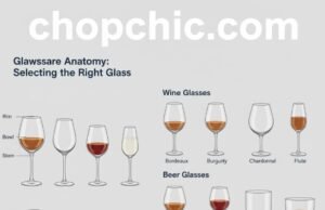 Glassware Anatomy: Selecting the Right Glass for Wine, Water, and Cocktails _Infographic illustrating the anatomy of various glassware shapes (wine, cocktail, water) and how the bowl shape directs liquid to specific parts of the palate.