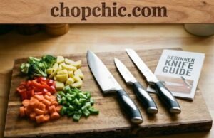 Stop Buying Huge Sets: The Only 3 Knives You Actually Need _Three essential kitchen knives laid out on a wooden cutting board: Chef's knife, paring knife, and serrated knife.