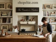 The Curator’s Kitchen: Styling Cookbooks and Art on Countertops _Styled kitchen countertop vignette featuring a vintage cookbook on a wooden stand and framed art leaning against the backsplash.