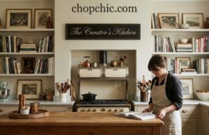 The Curator’s Kitchen: Styling Cookbooks and Art on Countertops _Styled kitchen countertop vignette featuring a vintage cookbook on a wooden stand and framed art leaning against the backsplash.