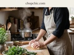 Slow Living in the Kitchen: Embracing Mindfulness Through Cooking _A person mindfully chopping vegetables with organized mise en place bowls on a wooden counter, embodying slow living in the kitchen.