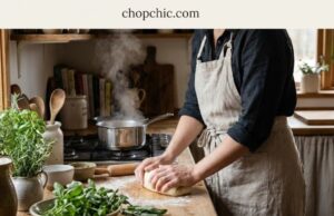 Slow Living in the Kitchen: Embracing Mindfulness Through Cooking _A person mindfully chopping vegetables with organized mise en place bowls on a wooden counter, embodying slow living in the kitchen.