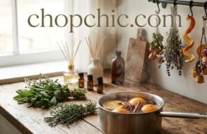 Scentcaping Your Kitchen: Using Natural Aromas to Set the Mood _A simmering pot on a stovetop filled with water, citrus slices, fresh herbs, and cinnamon sticks for natural kitchen scentscaping.
