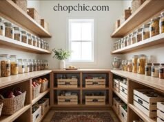 The Aesthetic Pantry: Organization Solutions that Look Beautiful _Organized pantry shelves featuring dry goods in uniform glass jars and snacks in matching woven baskets, demonstrating strategic zoning.