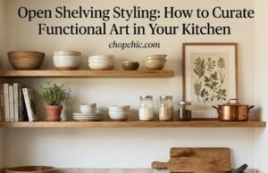 Open Shelving Styling: How to Curate Functional Art in Your Kitchen _Styled open kitchen shelves featuring color-coordinated dishware and negative space to avoid clutter.