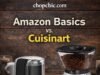 Amazon Basics vs. Cuisinart: Do You Really Need a High-End Coffee Grinder? _A side-by-side comparison of the Amazon Basics blade grinder and the Cuisinart DBM-8 burr grinder, displaying the difference in ground coffee consistency produced by chopping versus crushing mechanisms.