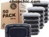 Freshware Meal Prep Containers Review _A stack of black plastic bulk meal prep containers showing a cracked corner, highlighting durability and microwave safety issues discussed in forums.