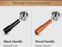 DeLonghi Stilosa & Dedica Portafilter Upgrade Guide: Sizes & Top 3 Picks _A close-up of a 51mm bottomless portafilter locked into a DeLonghi Stilosa, pulling a rich espresso shot, clearly displaying the naked basket and the specific 2-ear locking ears compatible with the ECP series.