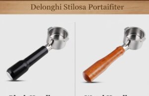 DeLonghi Stilosa & Dedica Portafilter Upgrade Guide: Sizes & Top 3 Picks _A close-up of a 51mm bottomless portafilter locked into a DeLonghi Stilosa, pulling a rich espresso shot, clearly displaying the naked basket and the specific 2-ear locking ears compatible with the ECP series.