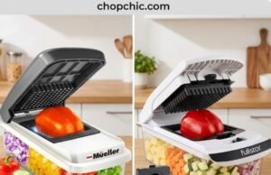 Fullstar vs. Mueller: Which Vegetable Chopper Lasts Longer? _Side-by-side durability test of Fullstar vs. Mueller vegetable choppers attempting to cut a raw sweet potato, analyzing blade strength and plastic engineering.