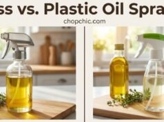 Glass vs. Plastic Sprayers: Why Your Olive Oil Deserves Glass _A visual comparison of a pristine glass oil sprayer bottle next to a clouded plastic dispenser, illustrating how plastic surfaces can absorb oil residue and stain over time compared to inert glass.
