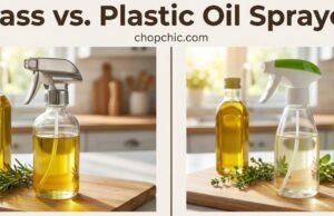 Glass vs. Plastic Sprayers: Why Your Olive Oil Deserves Glass _A visual comparison of a pristine glass oil sprayer bottle next to a clouded plastic dispenser, illustrating how plastic surfaces can absorb oil residue and stain over time compared to inert glass.