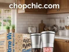Home EC Grinder Set Review: Why 9,000 Kitchens Switched to This “Upside-Down” Design _The Home EC stainless steel and glass salt and pepper grinder set sitting upright on a kitchen counter, highlighting the top-grinding mechanism that prevents spice dust from spilling onto the surface
