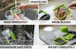 How to Clean Those Tiny Blades: Maintenance Guide for Choppers _A close-up of a vegetable chopper grid being rinsed under running water immediately after use, demonstrating the "Golden Minute" cleaning rule to prevent stuck food.
