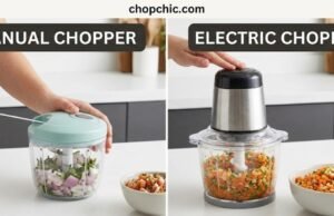 Manual vs. Electric Choppers: Do You Really Need to Plug It In? _Side-by-side comparison of chopped onions using a manual pull-chopper versus an electric food processor, highlighting differences in texture consistency and setup size.