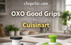 OXO Good Grips vs. Cuisinart: The Best Pump vs. Crank Salad Spinner? _A side-by-side comparison of the OXO Good Grips pump-activated salad spinner and the Cuisinart crank-handle salad spinner, illustrating the difference in drying mechanisms and lid designs.