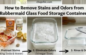 How to Remove Stains and Odors from Rubbermaid Glass Food Storage Containers _A stained Rubbermaid plastic container being cleaned using baking soda, vinegar, and the viral TikTok paper towel hack to remove tomato residue.