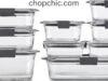 Rubbermaid Brilliance Glass Food Storage Review _Rubbermaid Brilliance Glass 9-Piece food storage set stacked, highlighting the lids and gaskets to address mold rumors and leak-proof claims based on Reddit reviews.