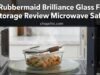 Is Rubbermaid Brilliance Glass Food Storage Review Microwave Safe? _Rubbermaid Brilliance Tritan plastic container inside a microwave with the latches open for venting, illustrating safe reheating practices.