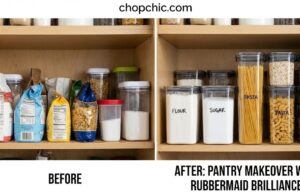 Pantry Makeover: Organizing Dry Goods with Rubbermaid Brilliance Canisters _Rubbermaid Brilliance pantry containers organized on a shelf, showing a 16-cup container holding a full 5lb bag of flour and cereal boxes.