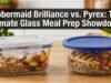Rubbermaid Brilliance vs. Pyrex: The Ultimate Glass Meal Prep Container Showdown _Rubbermaid Brilliance and Pyrex Snapware glass containers placed next to a gym bag, illustrating a leak-proof durability test based on Reddit reviews.