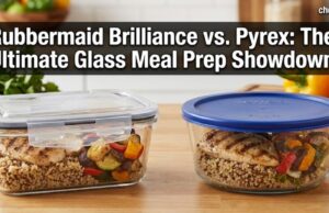 Rubbermaid Brilliance vs. Pyrex: The Ultimate Glass Meal Prep Container Showdown _Rubbermaid Brilliance and Pyrex Snapware glass containers placed next to a gym bag, illustrating a leak-proof durability test based on Reddit reviews.