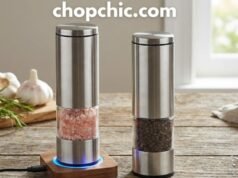 The “Battery Trap”: Why Your Next Salt Grinder Must Be USB-Rechargeable _A close-up of a USB-rechargeable electric pepper grinder connected to a charging cable, contrasted with a pile of dead AAA batteries to illustrate the cost savings and waste reduction.