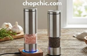 The “Battery Trap”: Why Your Next Salt Grinder Must Be USB-Rechargeable _A close-up of a USB-rechargeable electric pepper grinder connected to a charging cable, contrasted with a pile of dead AAA batteries to illustrate the cost savings and waste reduction.