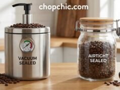 The Science of Freshness: Vacuum vs. Airtight Canisters for Coffee _A side-by-side comparison of a vacuum coffee canister removing air versus a standard airtight container, illustrating storage methods to prevent oxidation and staling.