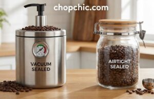 The Science of Freshness: Vacuum vs. Airtight Canisters for Coffee _A side-by-side comparison of a vacuum coffee canister removing air versus a standard airtight container, illustrating storage methods to prevent oxidation and staling.