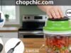 The Finger-Saver Guide: How to Use a Vegetable Chopper Without Getting Hurt _A user demonstrating the safety hand guard on a vegetable chopper to prevent finger injuries, alongside a cleaning brush for safe maintenance.