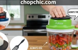 The Finger-Saver Guide: How to Use a Vegetable Chopper Without Getting Hurt _A user demonstrating the safety hand guard on a vegetable chopper to prevent finger injuries, alongside a cleaning brush for safe maintenance.