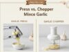 Press vs. Chopper: The Best Way to Mince Garlic Without Sticky Hands _A side-by-side comparison of a stainless steel garlic press crushing a clove into a fine paste versus a manual garlic chopper filled with coarsely minced garlic, illustrating the texture difference and hand-free operation.