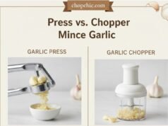 Press vs. Chopper: The Best Way to Mince Garlic Without Sticky Hands _A side-by-side comparison of a stainless steel garlic press crushing a clove into a fine paste versus a manual garlic chopper filled with coarsely minced garlic, illustrating the texture difference and hand-free operation.