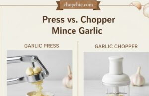 Press vs. Chopper: The Best Way to Mince Garlic Without Sticky Hands _A side-by-side comparison of a stainless steel garlic press crushing a clove into a fine paste versus a manual garlic chopper filled with coarsely minced garlic, illustrating the texture difference and hand-free operation.